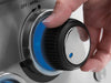Close-up of a Broil King S 690iE control knob with blue LED backlighting and chrome finish.