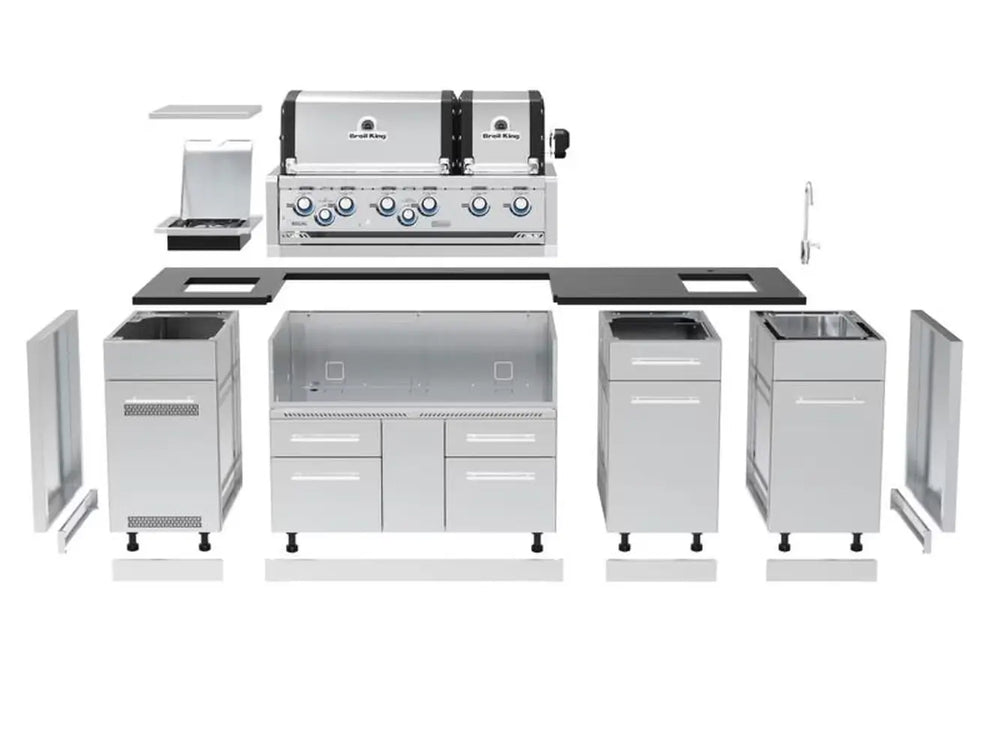 Exploded view of the modular components and cabinets of the Broil King Imperial S 690iE outdoor kitchen island.