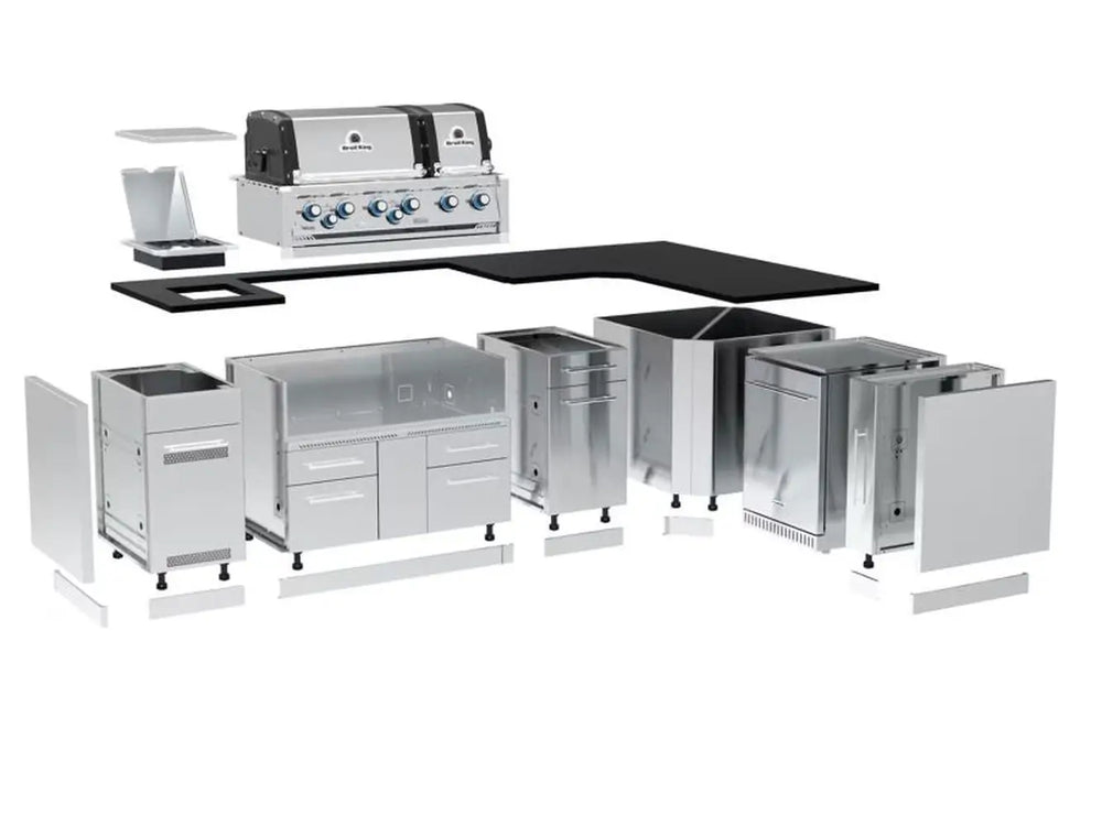 Exploded view diagram showing the modular components and assembly of a Broil King Imperial S 690iG stainless steel outdoor kitchen island.