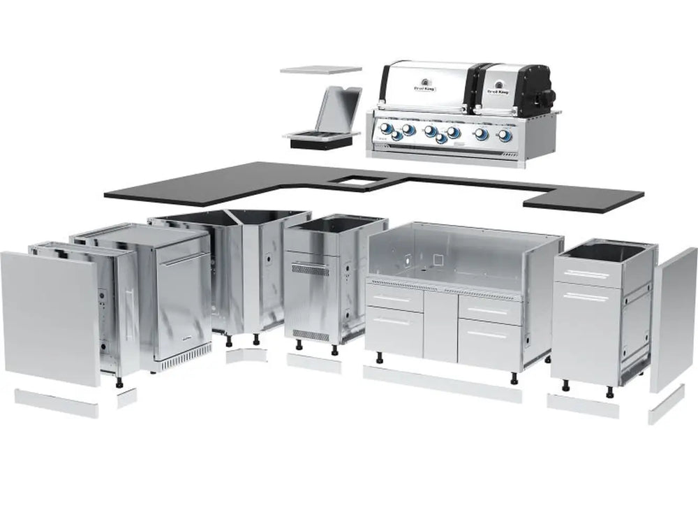 Exploded view of the Broil King Imperial S 690iJ outdoor kitchen island components, including cabinets and stainless steel drawers.
