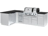 Fully assembled Broil King Imperial S 690iJ Grill Island with dual ovens, L-shaped configuration, and integrated storage.