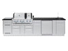 Full front view of the Broil King Imperial S 690iH Grill Island featuring dual ovens, integrated sink, side burner, and stainless steel modular cabinets.