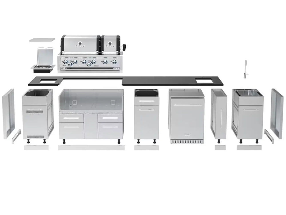 Exploded view of the modular assembly components for the Broil King Imperial S 690iH outdoor kitchen island, showing cabinets, refrigerator, and grill head.