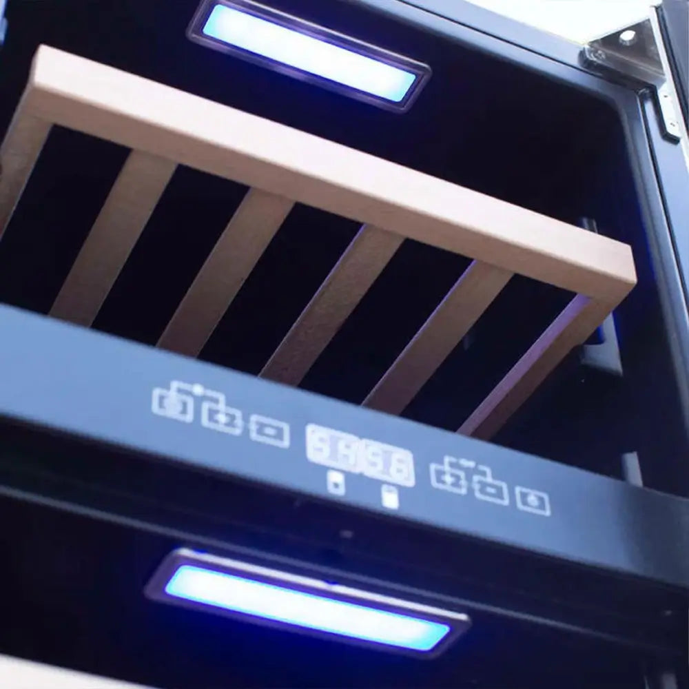 Summerset dual zone wine cooler close-up of LED lighting, digital control panel, and wood shelf.