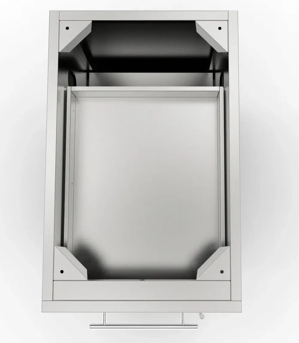 Overhead interior view of the Sunstone 18-inch cabinet frame showing the internal drawer structure and corner mounting brackets for countertop installation.