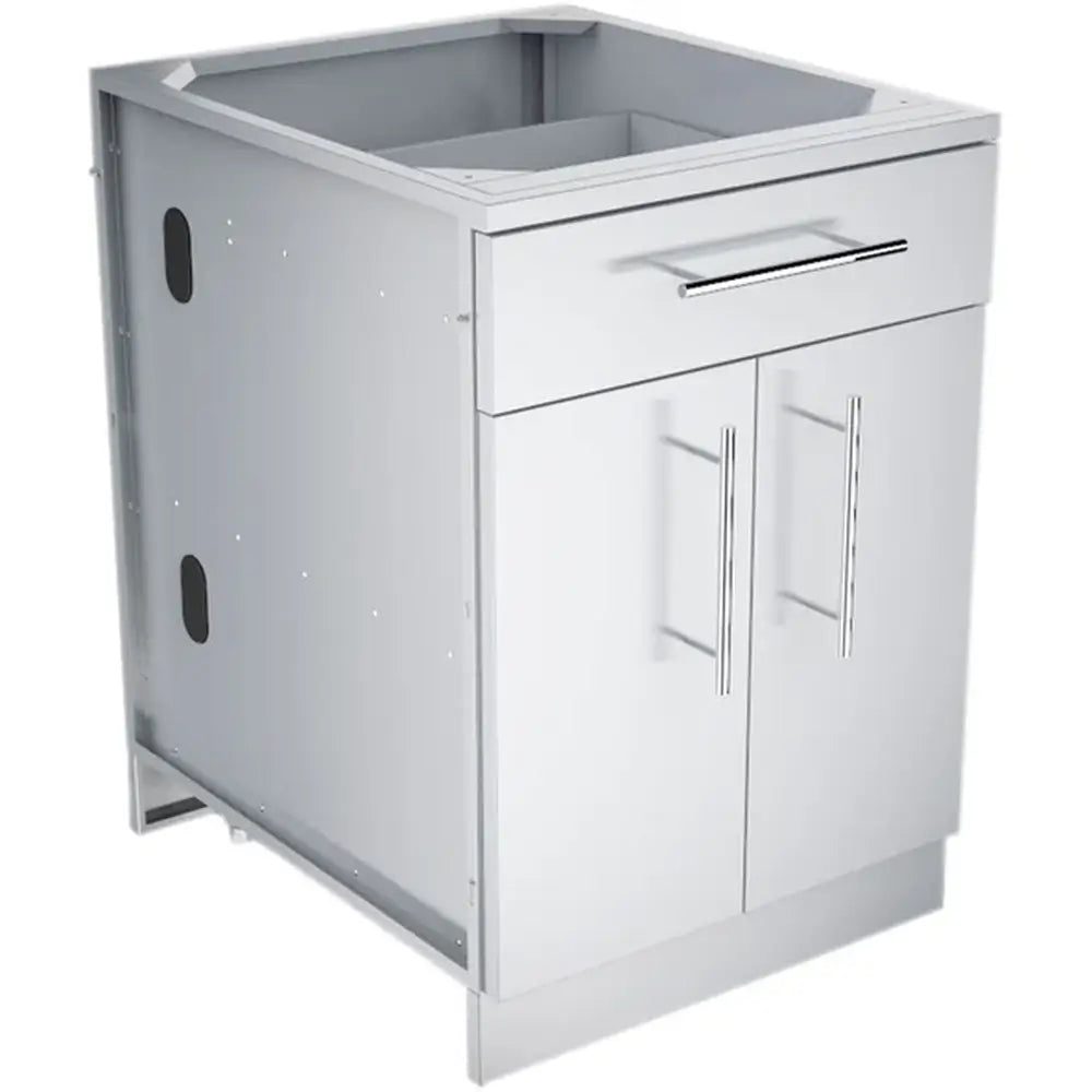 Three-quarter angle view of the Sunstone 24-inch stainless steel outdoor kitchen base cabinet featuring a top drawer and double doors with professional-style bar handles.