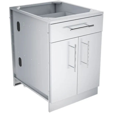 Three-quarter angle view of the Sunstone 24-inch stainless steel outdoor kitchen base cabinet featuring a top drawer and double doors with professional-style bar handles.