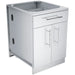 Three-quarter angle view of the Sunstone 24-inch stainless steel outdoor kitchen base cabinet featuring a top drawer and double doors with professional-style bar handles.