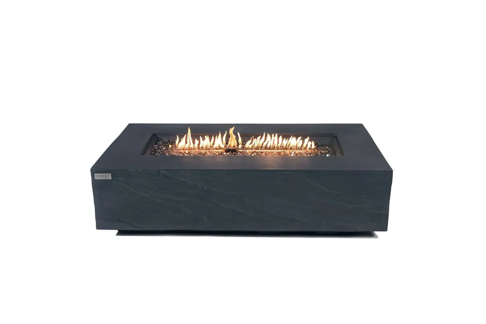 60,000 BTU Cape Town fire table with linear flame and lava rocks on white background.