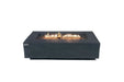 60,000 BTU Cape Town fire table with linear flame and lava rocks on white background.