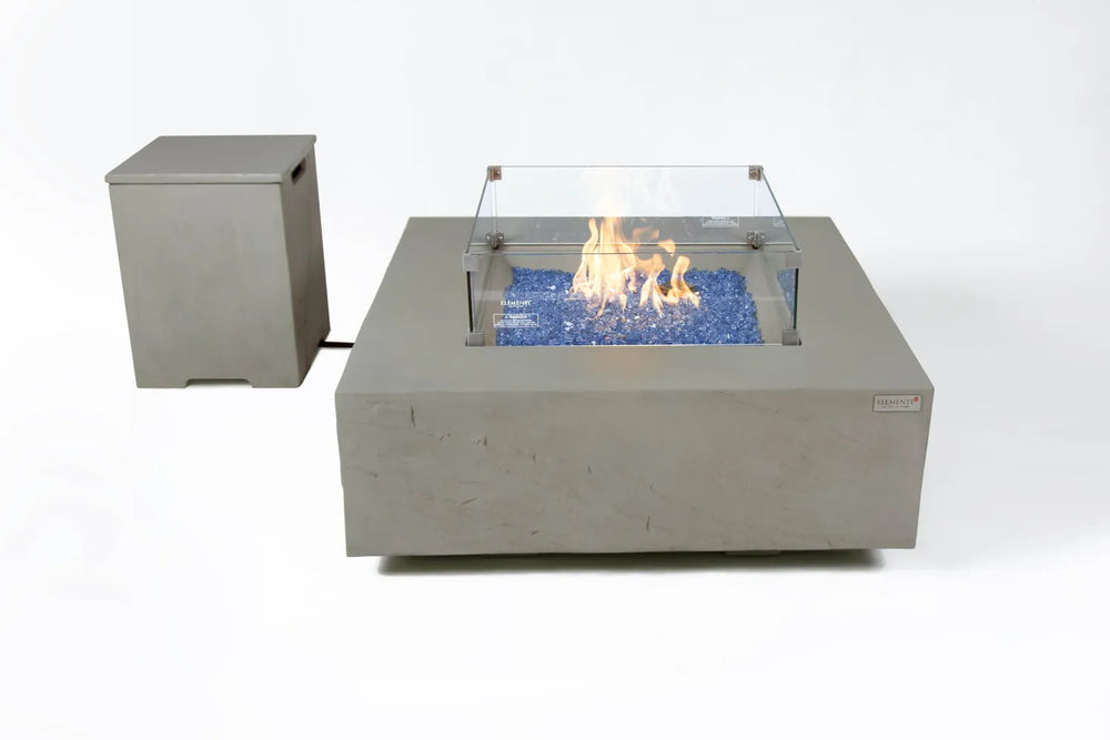 Capertee space gray fire table with matching stone-textured propane tank cover.