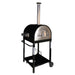 WPPO Traditional 25 dual fuel pizza oven in black finish with stainless front, chimney, gas burner, cart, and wheels.