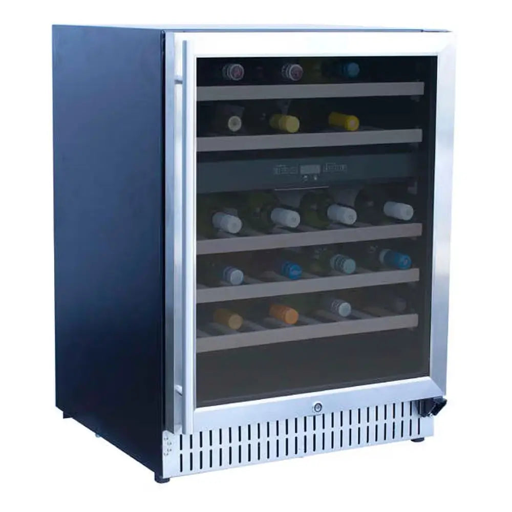Summerset RFR-24WD 24" dual zone outdoor wine cooler with stainless steel trim, full of bottles.
