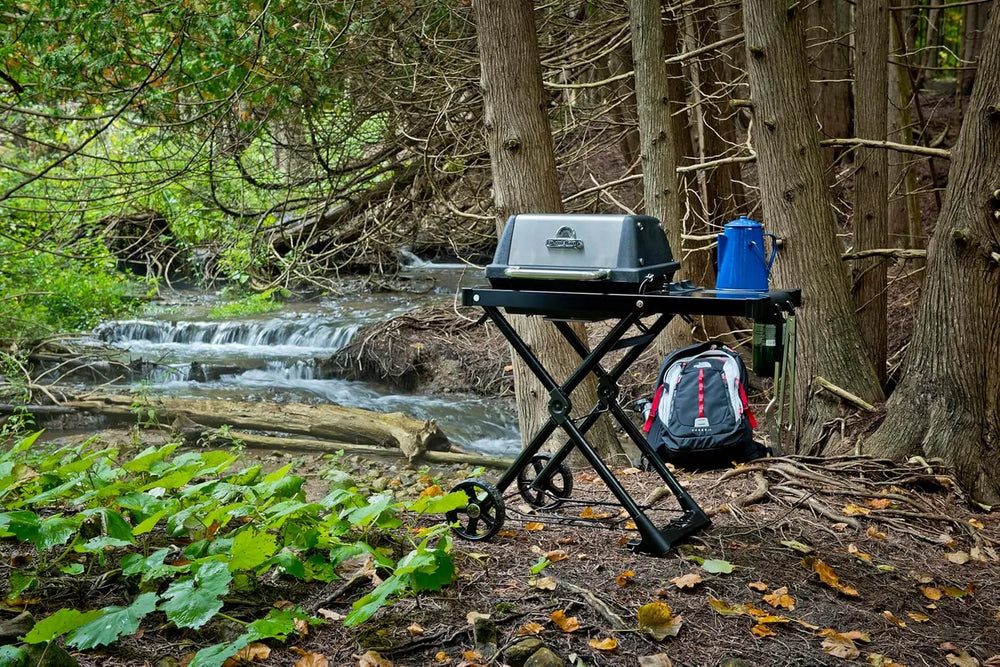 Broil King Porta-Chef AT220 portable gas grill set up beside a forest stream, featuring a folding wheeled cart, side shelf with camping gear, and compact outdoor cooking setup.