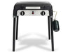 Broil King Porta-Chef Stove 200 portable propane stove on four detachable legs with two burner control knobs, center ignition button, and attached green propane canister on a light gray background.