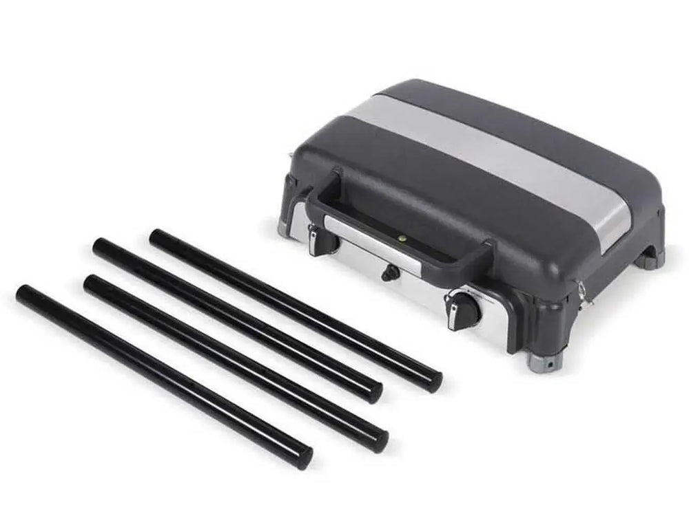 Broil King Porta-Chef Stove 200 portable propane stove with four detached black legs displayed beside the compact stove body.