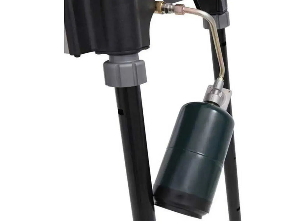 Close-up of the small green propane canister attached to the side leg of the Broil King Porta-Chef Stove 200.