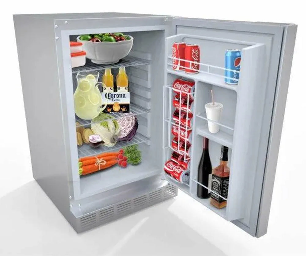 Sunstone SAPFR21PRO outdoor stainless refrigerator open view with shelves and door storage, 21-inch 304 SS beverage and food fridge.