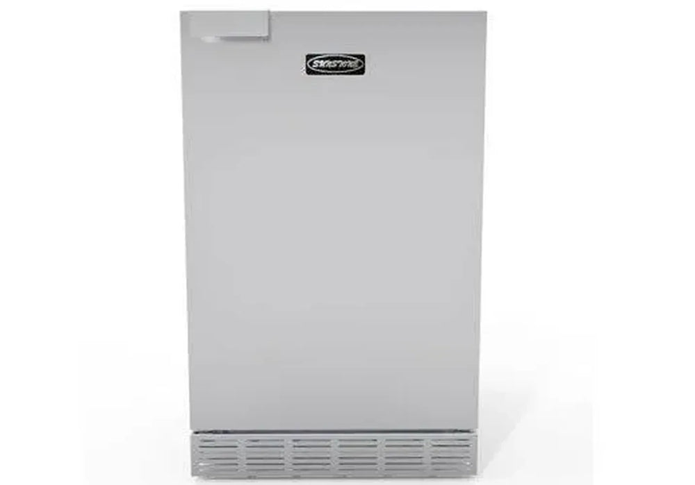 Front view of Sunstone SAPFR21PRO 21-inch outdoor refrigerator in 304 stainless steel with vented base, undercounter fridge.
