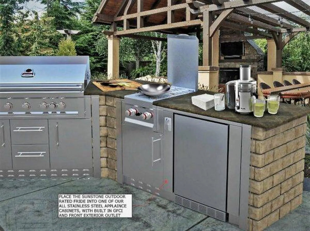 Sunstone SAPFR21PRO 21-inch outdoor refrigerator installed in outdoor kitchen island, 304 stainless undercounter fridge for drinks.