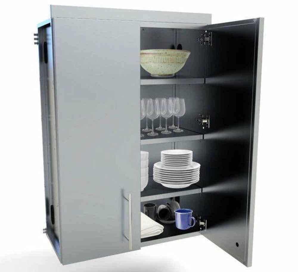 Interior view of Sunstone SWC30FDD 30-inch wall cabinet with adjustable shelves holding dishes and glassware.