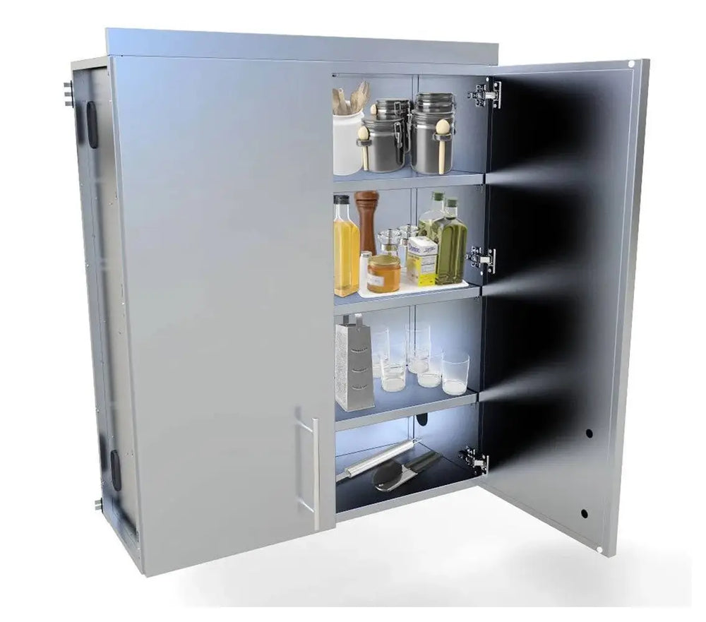 Interior of Sunstone SWC36FDD 36-inch double door wall cabinet stocked with kitchen canisters, olive oils, and pantry items.