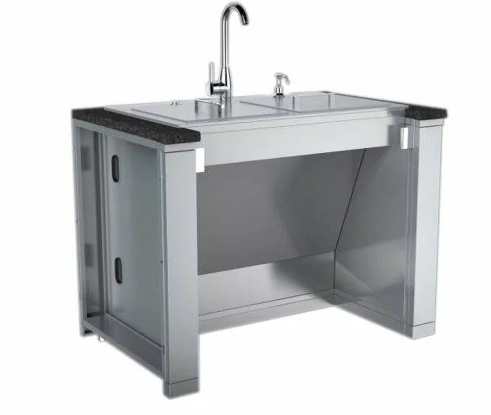 Sunstone ADA44BC outdoor kitchen sink cabinet with installed faucet and soap dispenser on a black granite countertop.