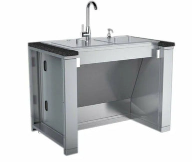 Sunstone ADA44BC outdoor kitchen sink cabinet with installed faucet and soap dispenser on a black granite countertop.