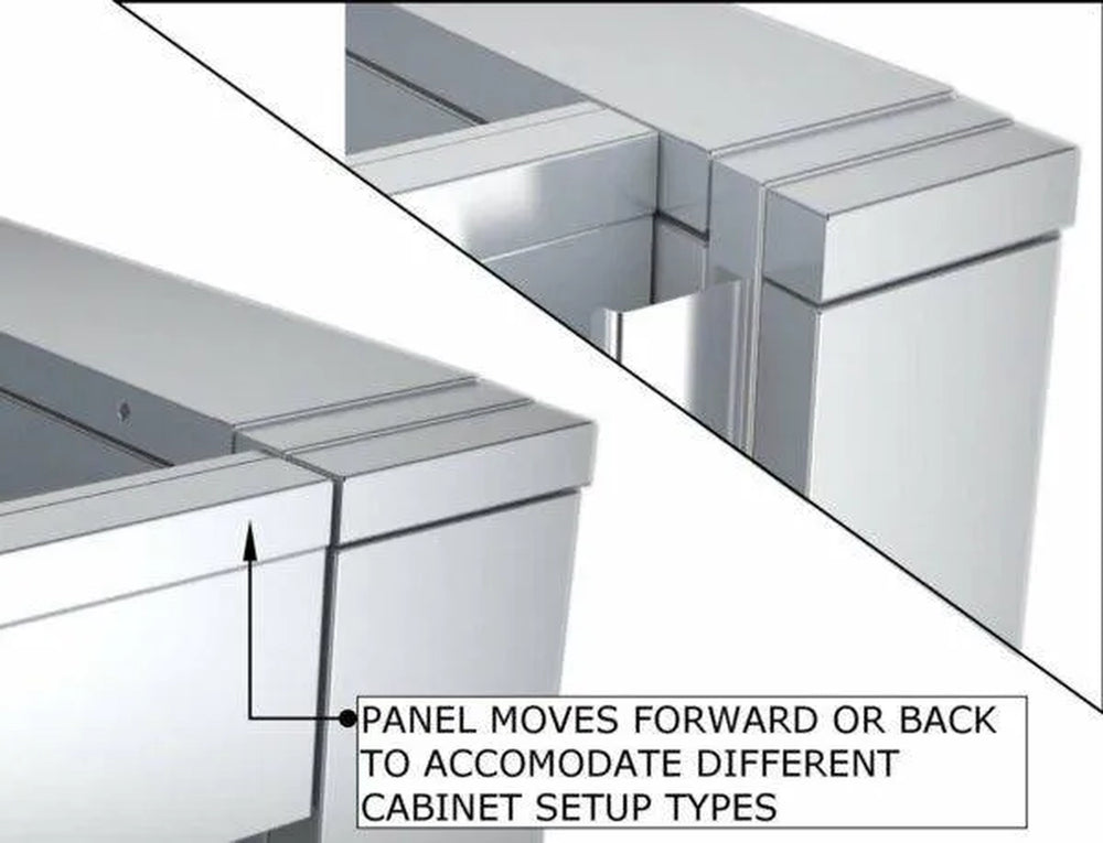 Close-up of the Sunstone ADA cabinet adjustable trim panel showing forward and backward movement for custom cabinet alignment.