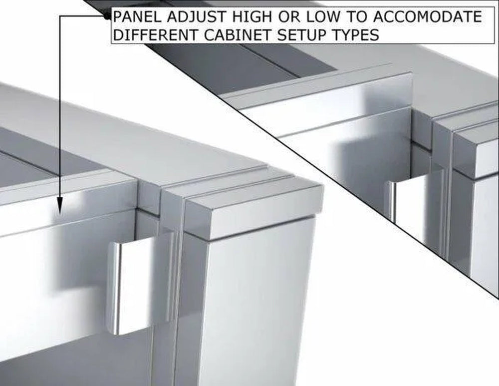 Detail view of Sunstone ADA44BC sink base highlighting the vertical height adjustment feature for the front decorative panel.