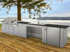 Complete Sunstone stainless steel outdoor kitchen island installation featuring the ADA44BC wheelchair accessible sink base.