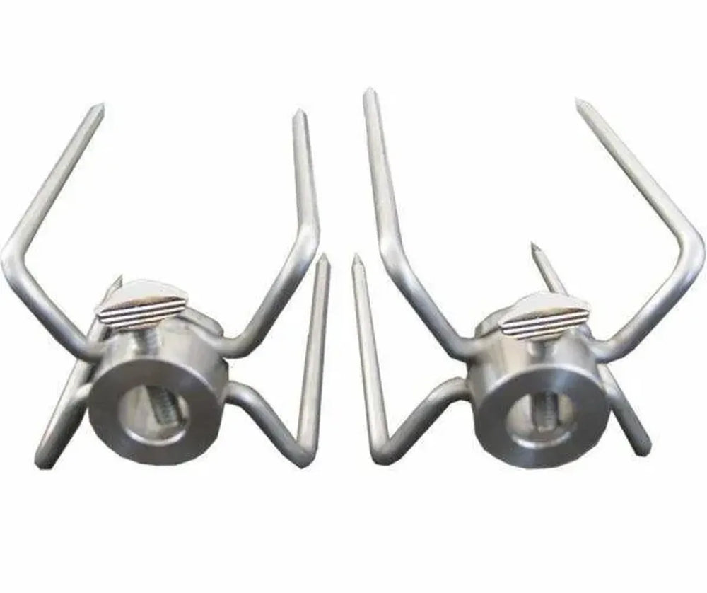 Sunstone P-R-Fork 304 stainless rotisserie split fork set, two meat-holding prongs with thumb screws for securing roast or chicken on spit rod.