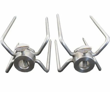 Sunstone P-R-Fork 304 stainless rotisserie split fork set, two meat-holding prongs with thumb screws for securing roast or chicken on spit rod.