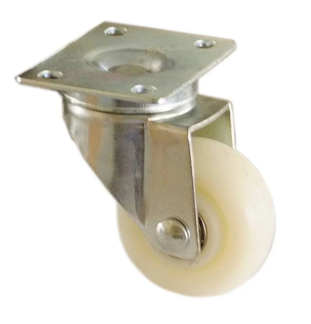 Sunstone SAWC 304 stainless steel heavy duty straight wheel caster with a white nylon wheel and square mounting plate shown against a plain white background. The polished metal bracket and four bolt holes are clearly visible to show the caster hardware and mounting design.