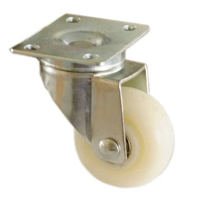 Sunstone SAWC 304 stainless steel heavy duty straight wheel caster with a white nylon wheel and square mounting plate shown against a plain white background. The polished metal bracket and four bolt holes are clearly visible to show the caster hardware and mounting design.