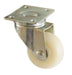 Sunstone SAWC 304 stainless steel heavy duty straight wheel caster with a white nylon wheel and square mounting plate shown against a plain white background. The polished metal bracket and four bolt holes are clearly visible to show the caster hardware and mounting design.