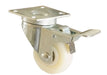 Sunstone SLWC 304 stainless steel swivel locking wheel caster with a white nylon wheel, square mounting plate, and foot operated locking brake on a plain white background. The metal bracket, swivel top, and brake lever are clearly shown to highlight the caster’s locking mechanism and mounting hardware.