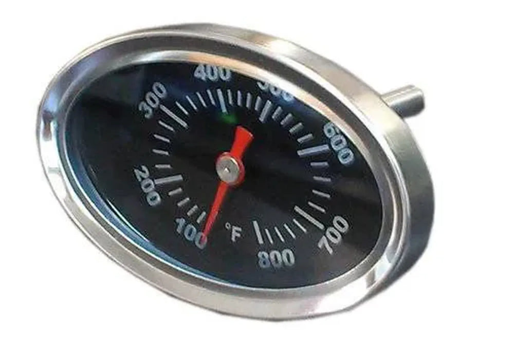 Sunstone P-TMeter grill hood temperature gauge (800°F), round stainless dial thermometer with black face and red needle, shown on white background.