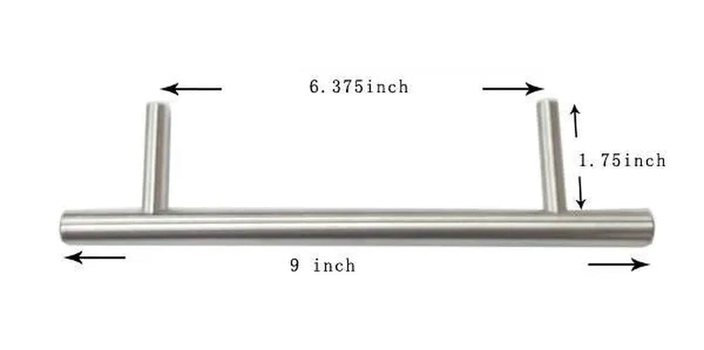 Sunstone P-DHandle designer series component handle, brushed stainless steel bar pull with 6-1/4 inch mounting spacing (6.375”), 9” length, dimension diagram on white background.