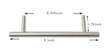 Sunstone P-DHandle designer series component handle, brushed stainless steel bar pull with 6-1/4 inch mounting spacing (6.375”), 9” length, dimension diagram on white background.