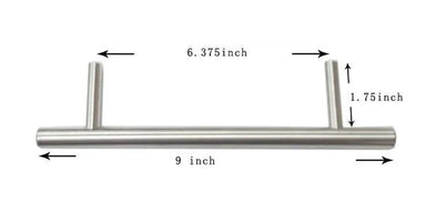 Sunstone P-DHandle designer series component handle, brushed stainless steel bar pull with 6-1/4 inch mounting spacing (6.375”), 9” length, dimension diagram on white background.