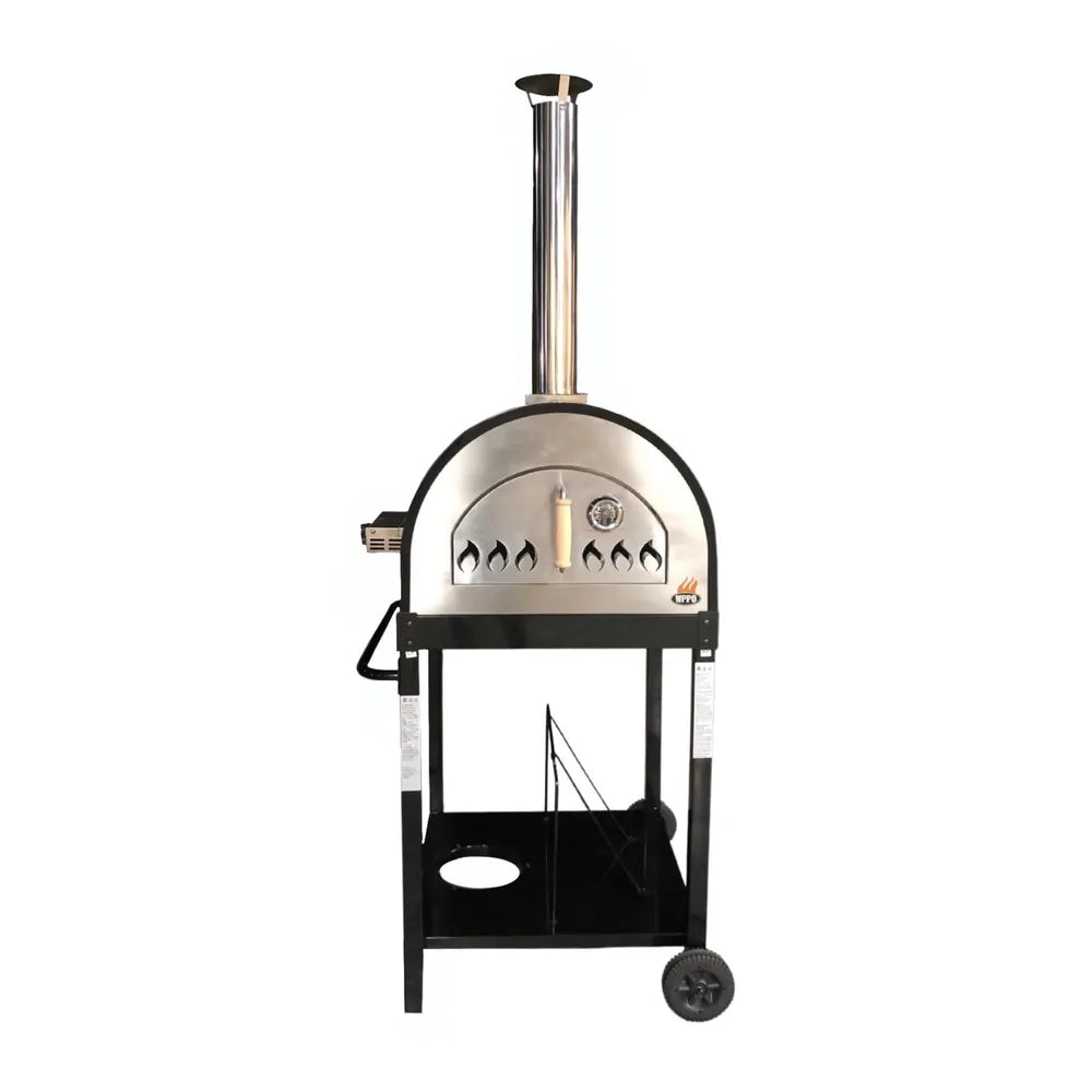 Front view of WPPO Traditional 25 dual fuel pizza oven with stainless door, thermometer, chimney, black cart, and red dome.