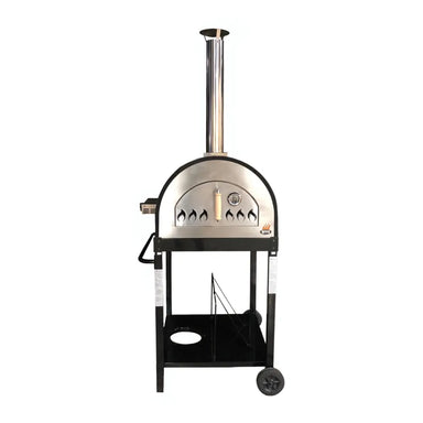 Front view of WPPO Traditional 25 dual fuel pizza oven with stainless door, thermometer, chimney, black cart, and red dome.