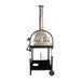 Front view of WPPO Traditional 25 dual fuel pizza oven with stainless door, thermometer, chimney, black cart, and red dome.