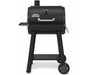 Front view of the Broil King Regal Charcoal Grill 400 cast iron charcoal grill with black barrel body, built-in thermometer, chrome handle, and wheeled stand.