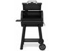 Front view of the Broil King Regal Charcoal Grill 400 with lid open, showing cast iron cooking grates and upper warming rack.