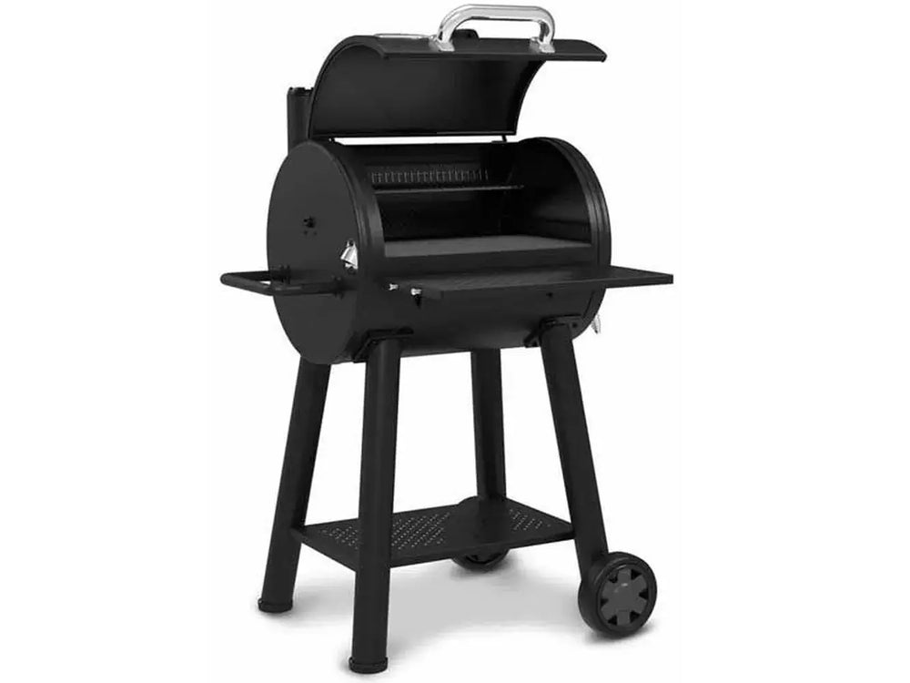 Angled view of the Broil King Regal Charcoal Grill 400 with lid open, revealing the cast iron grill surface and warming rack.