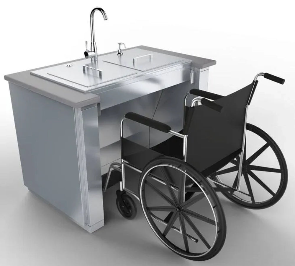 Wheelchair accessibility demonstration of the Sunstone ADA44BC sink cabinet showing ample legroom and ergonomic design.