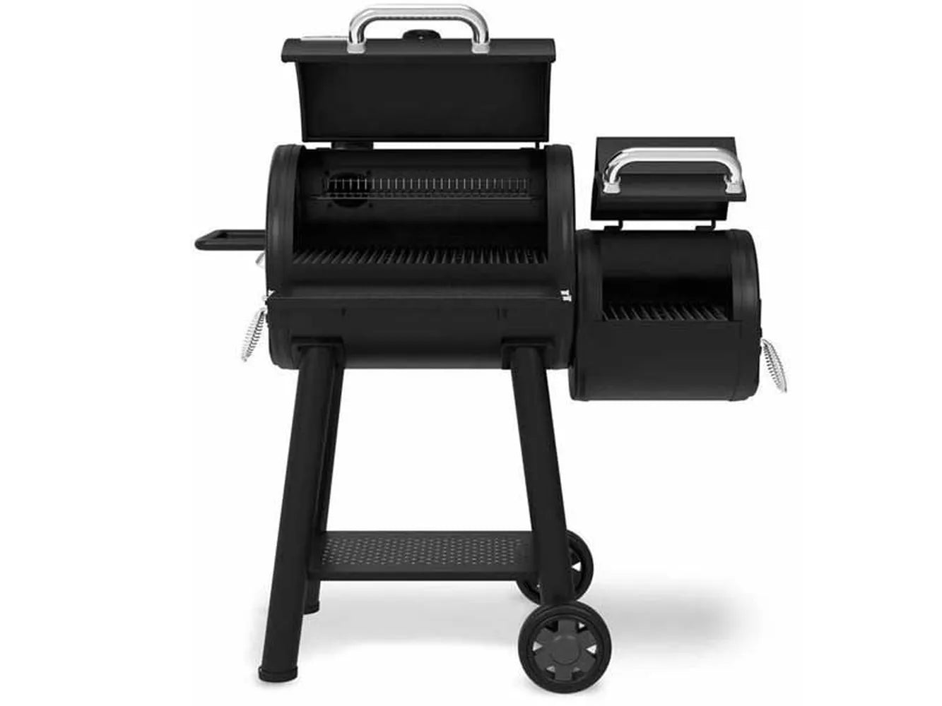 Front view of the Broil King Regal Charcoal Offset 400 smoker grill with both lids open to show the main chamber and side firebox interiors.