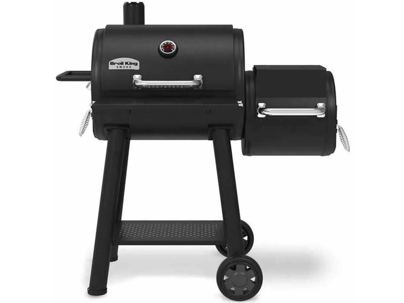 Front view of the Broil King Regal Charcoal Offset 400 smoker grill with lids closed on a light gray background.